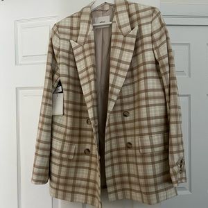 Aritzia Plaid Double-Breasted Blazer in Cream and Brown